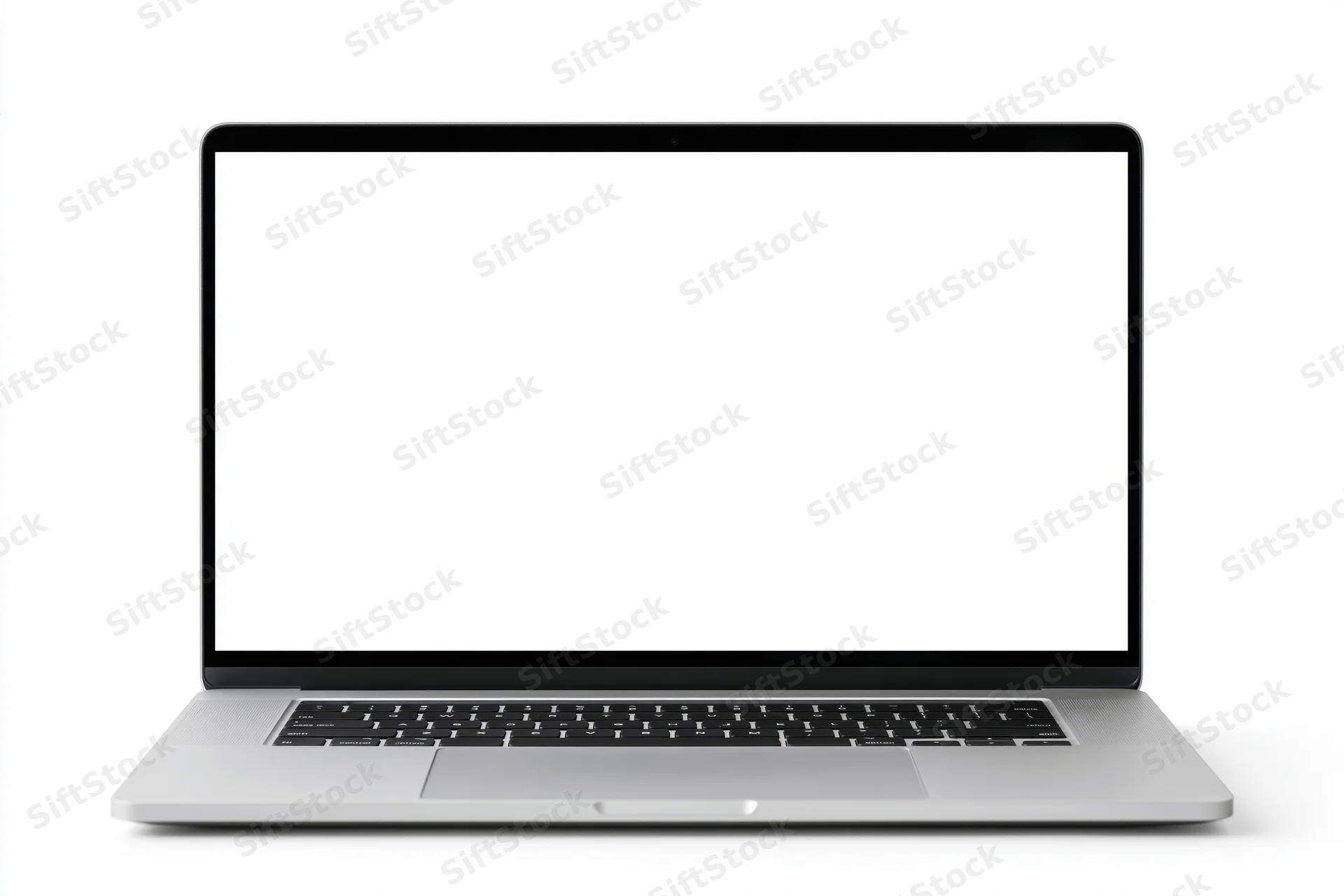 Open silver aluminum laptop with blank white screen on white background