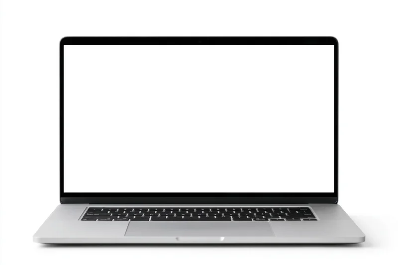 Open silver aluminum laptop with blank white screen on white background