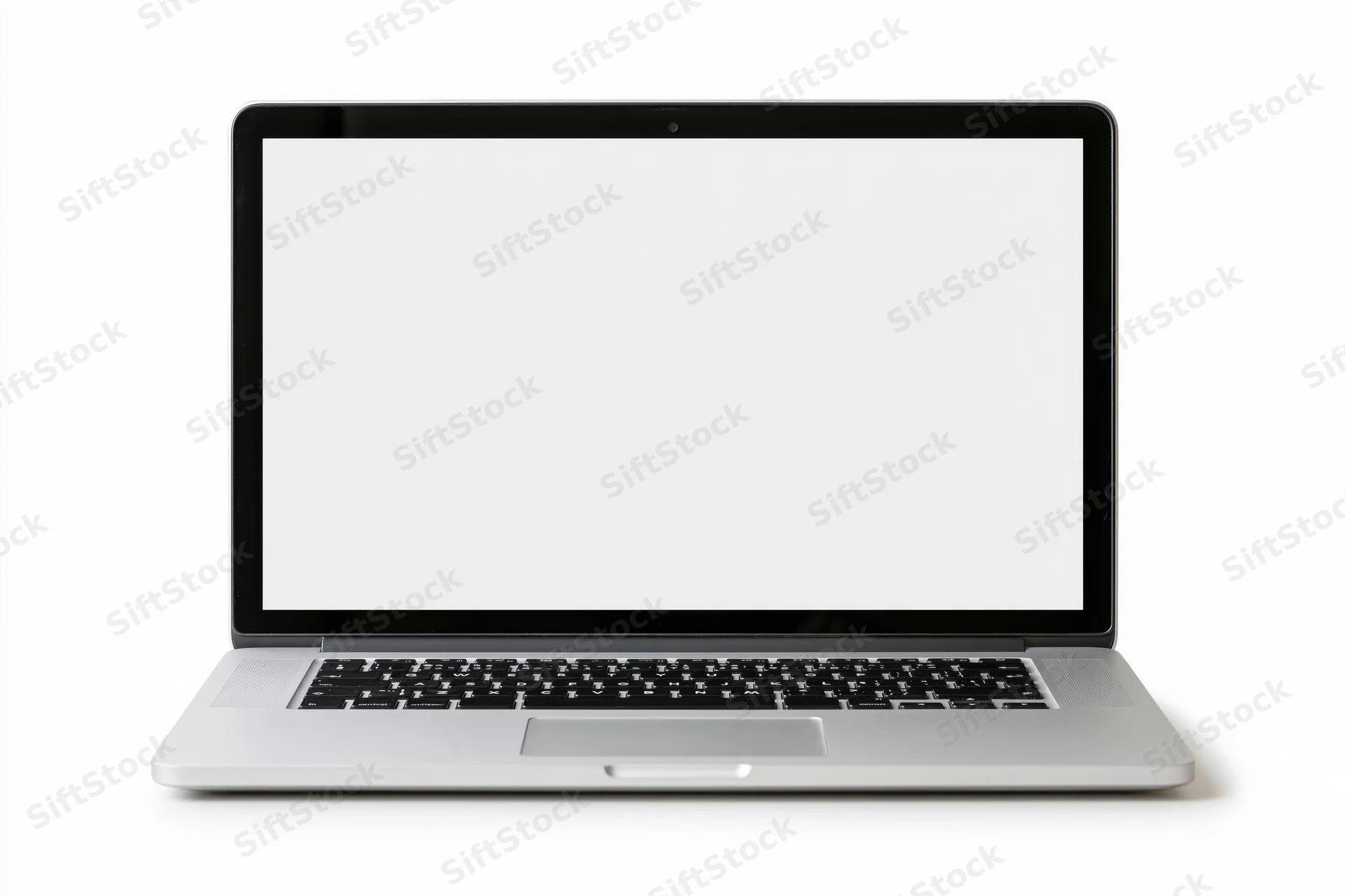 Open silver aluminum laptop with blank white screen on white background