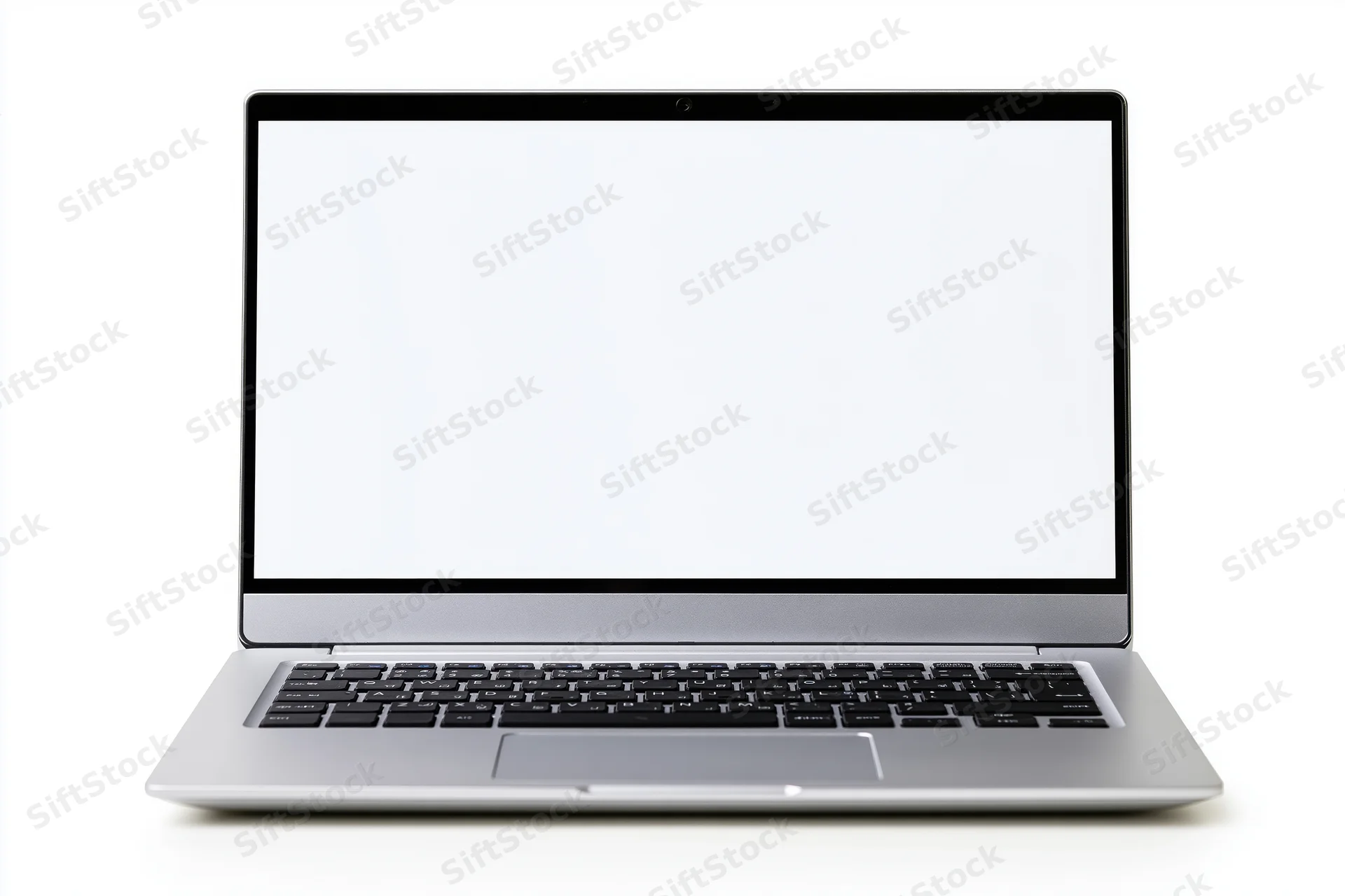 Silver aluminum laptop open facing forward with blank white screen on white background