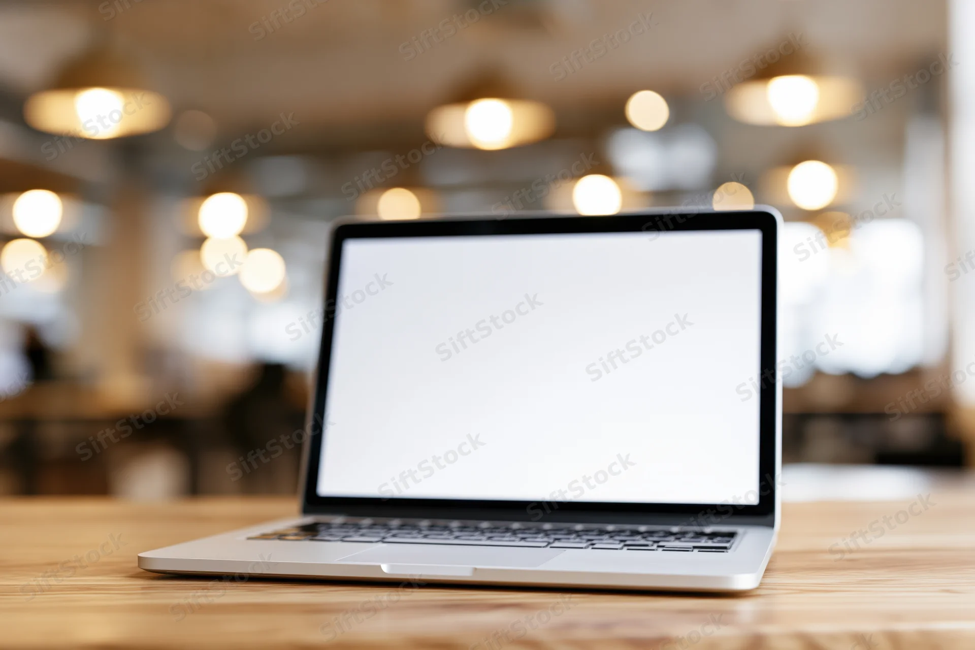 Silver laptop with blank screen on wooden desk in warm-lit office space
