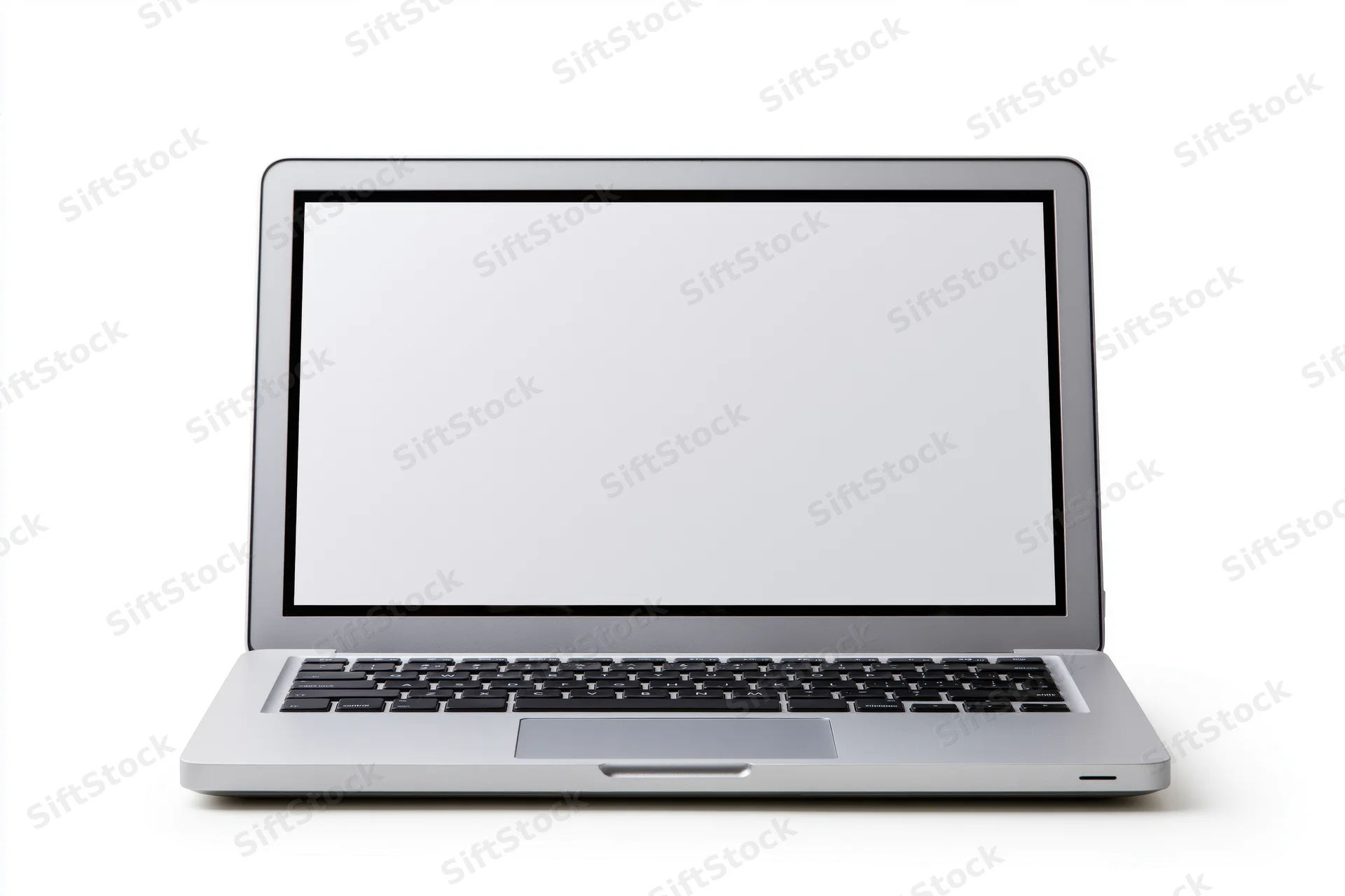 Silver aluminum laptop open with blank white screen centered on white background