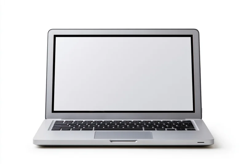 Silver aluminum laptop open with blank white screen centered on white background