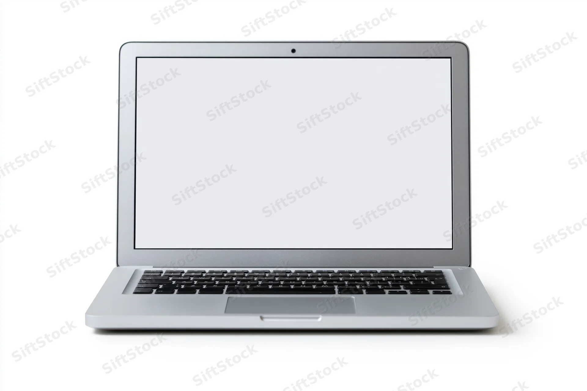 Silver aluminum laptop open with blank white screen centered on white background