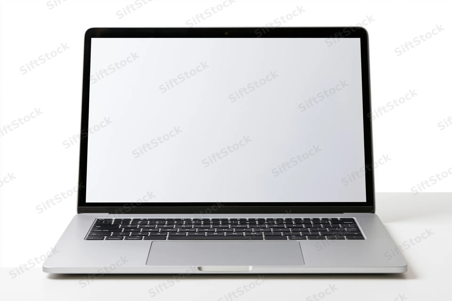 Silver aluminum laptop open with blank white screen on white surface