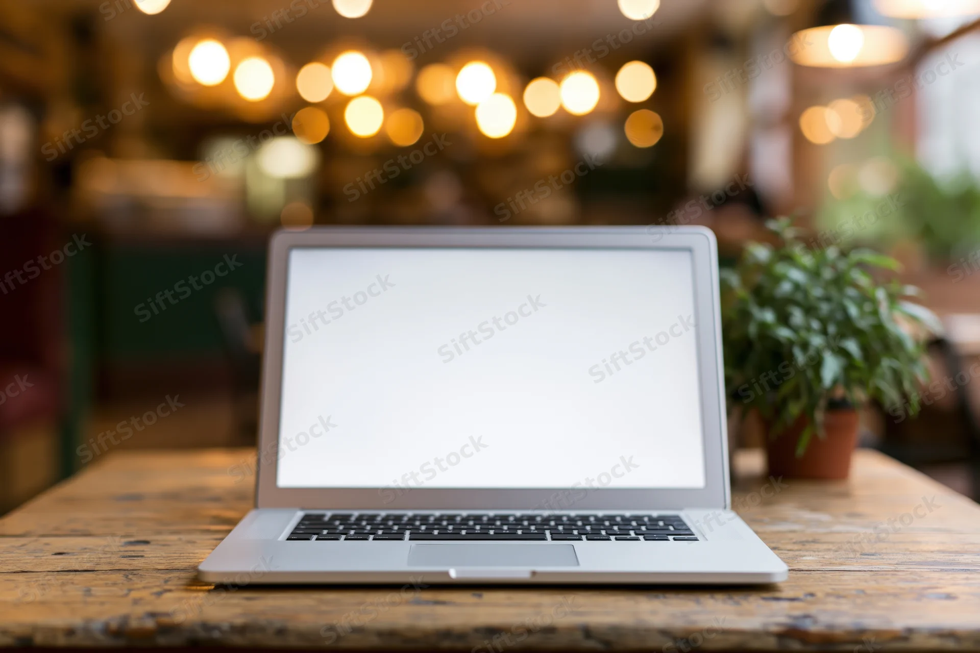 Silver laptop with blank white screen open on wooden table in cafe interior