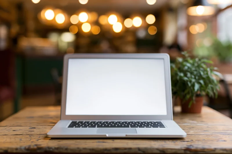 Silver laptop with blank white screen open on wooden table in cafe interior