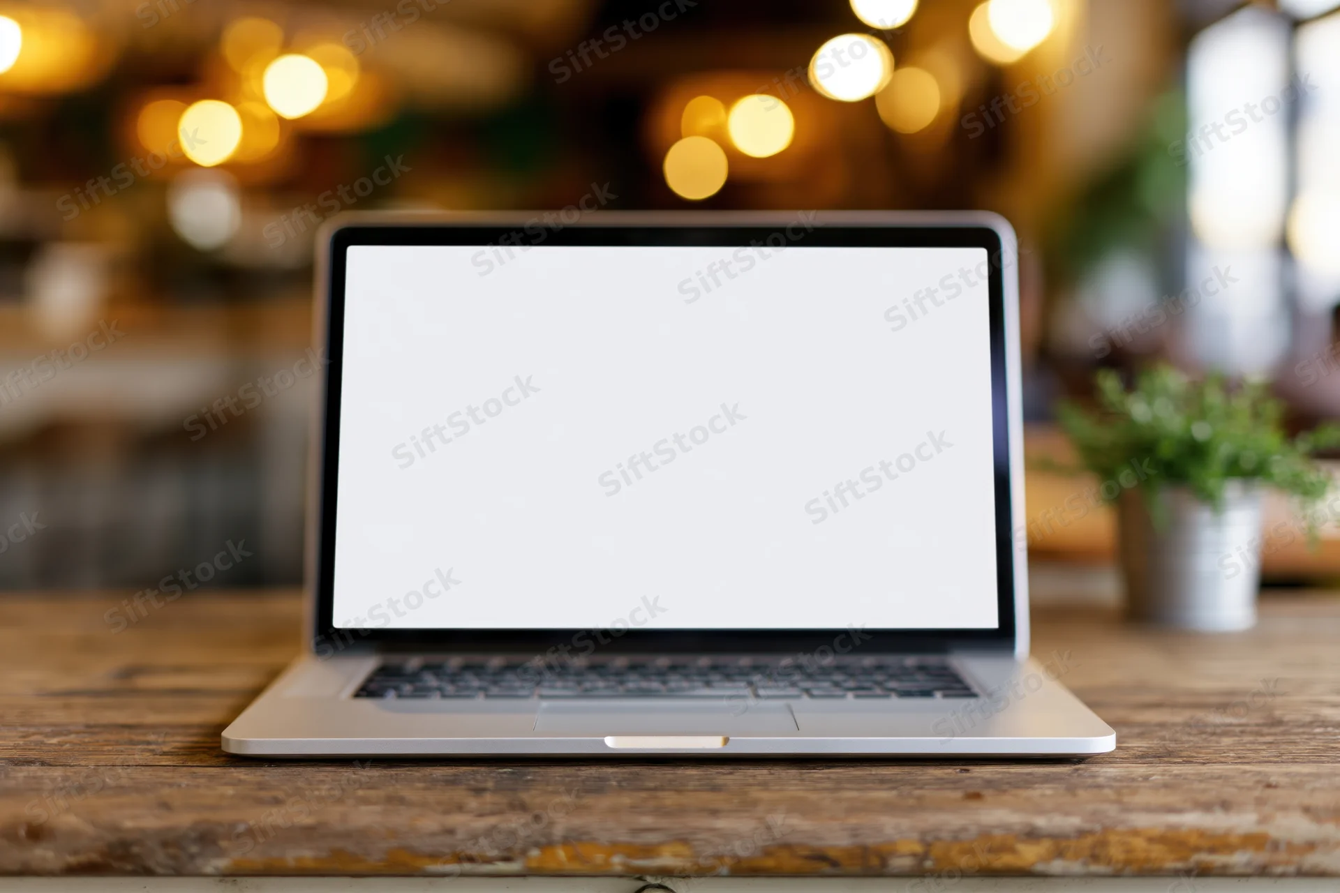 Silver laptop with blank white screen open on wooden desk in cozy interior with warm bokeh lights and small potted plant nearby