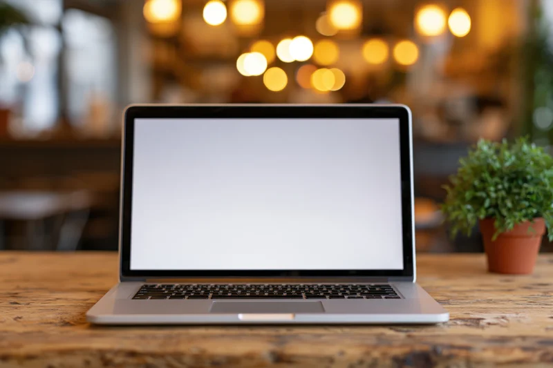Silver laptop with blank white screen open on wooden desk in cafe interior