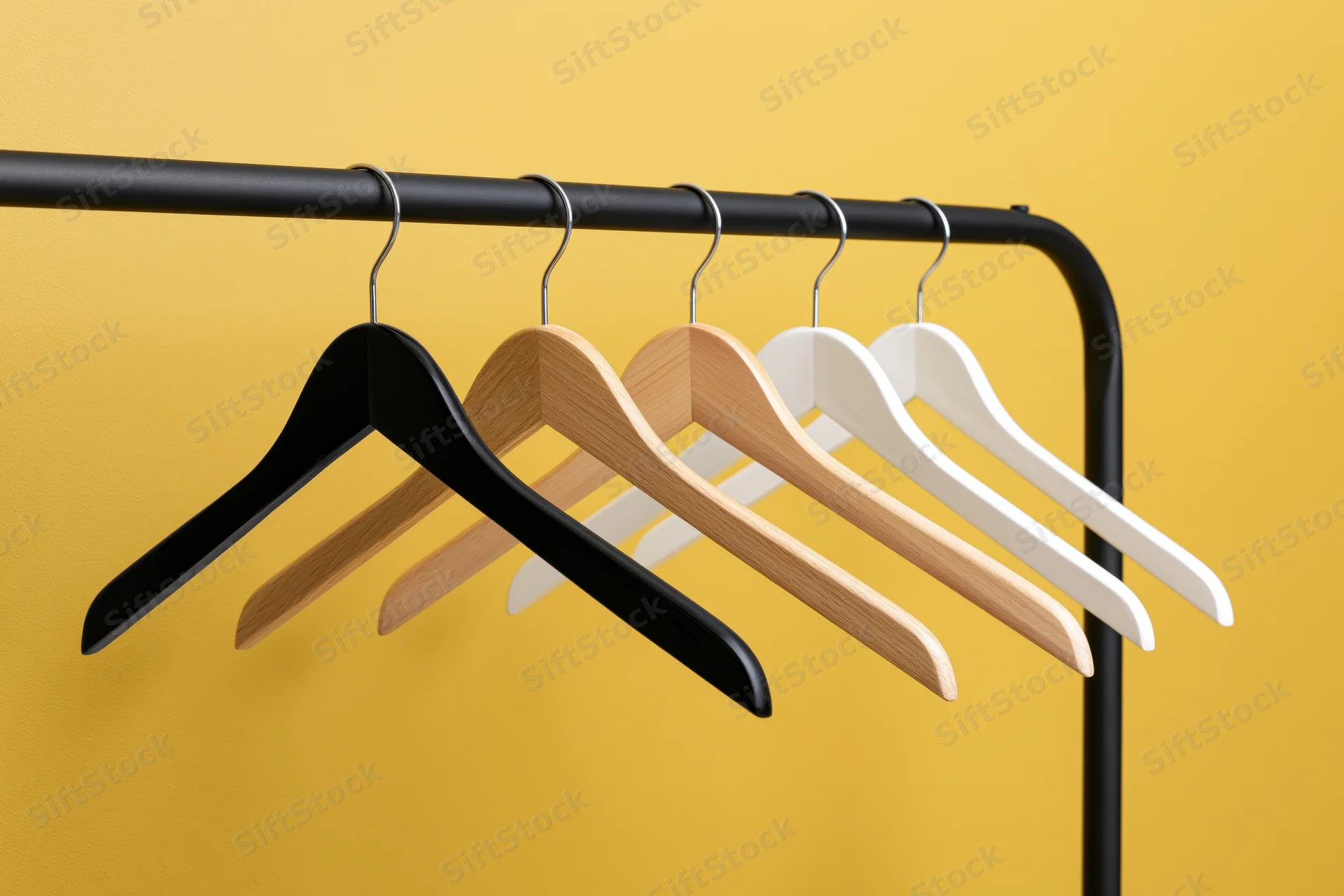 Five empty clothes hangers in black, natural wood, and white hanging on a black metal rack against a yellow background