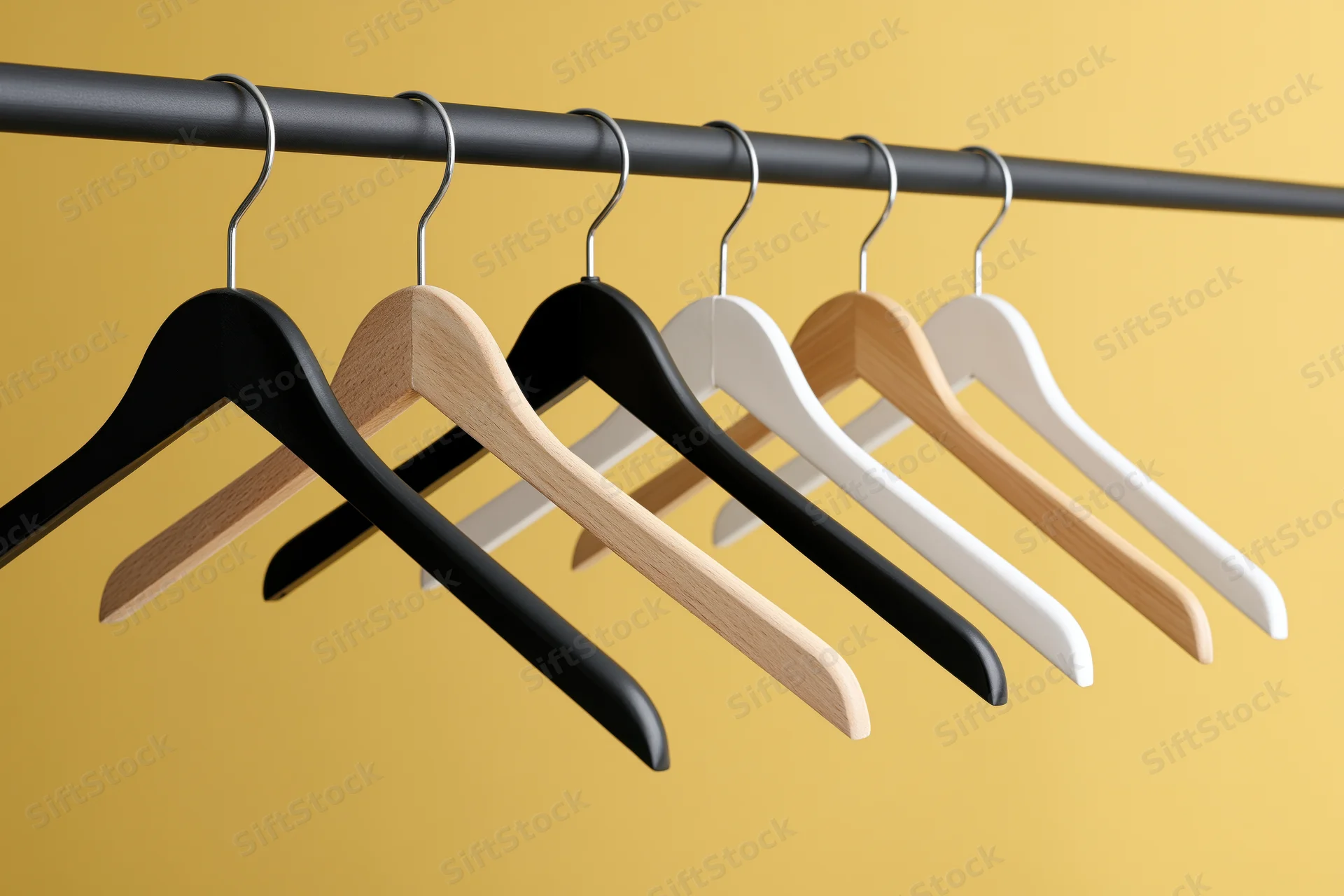 Six empty clothes hangers in black, natural wood, and white arranged on a metal rack against a yellow background