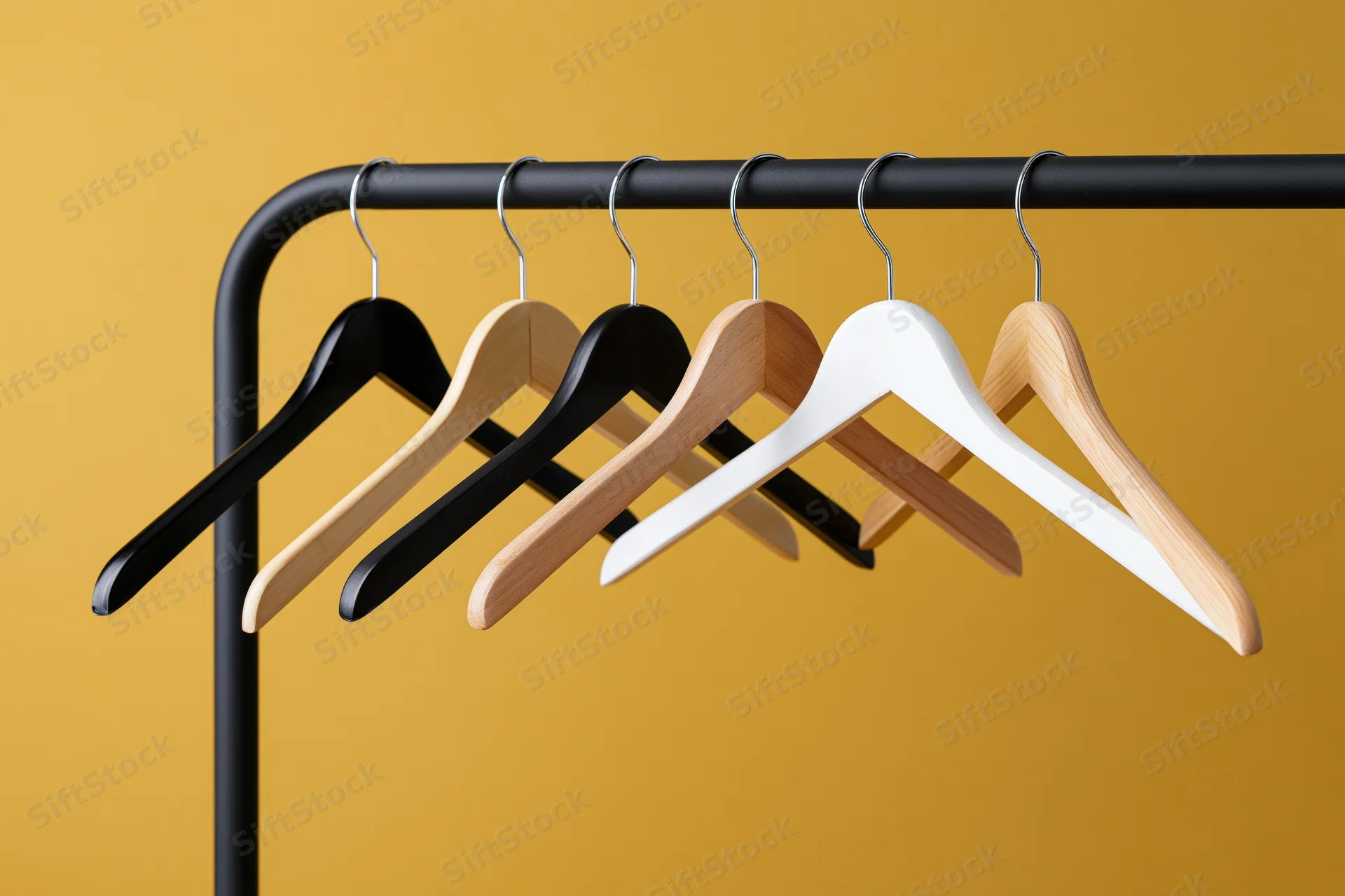 Six empty clothes hangers in black, white, and natural wood on a black metal rack against a yellow background