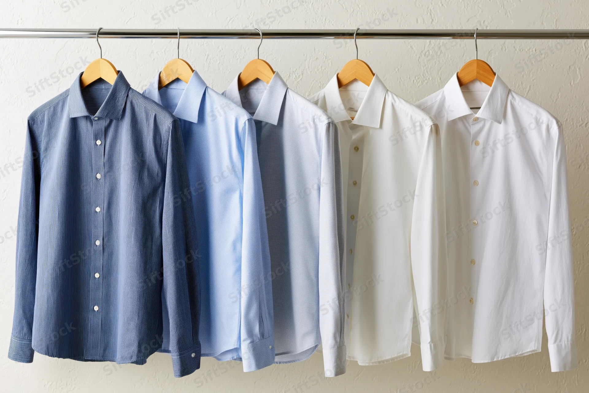 Six men's dress shirts in blue and white hanging on wooden hangers along a metal rack against a textured wall