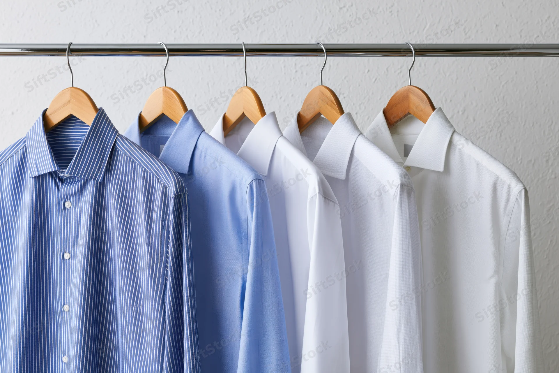 Five men's dress shirts in blue and white hanging on wooden hangers along a chrome rack against a white wall