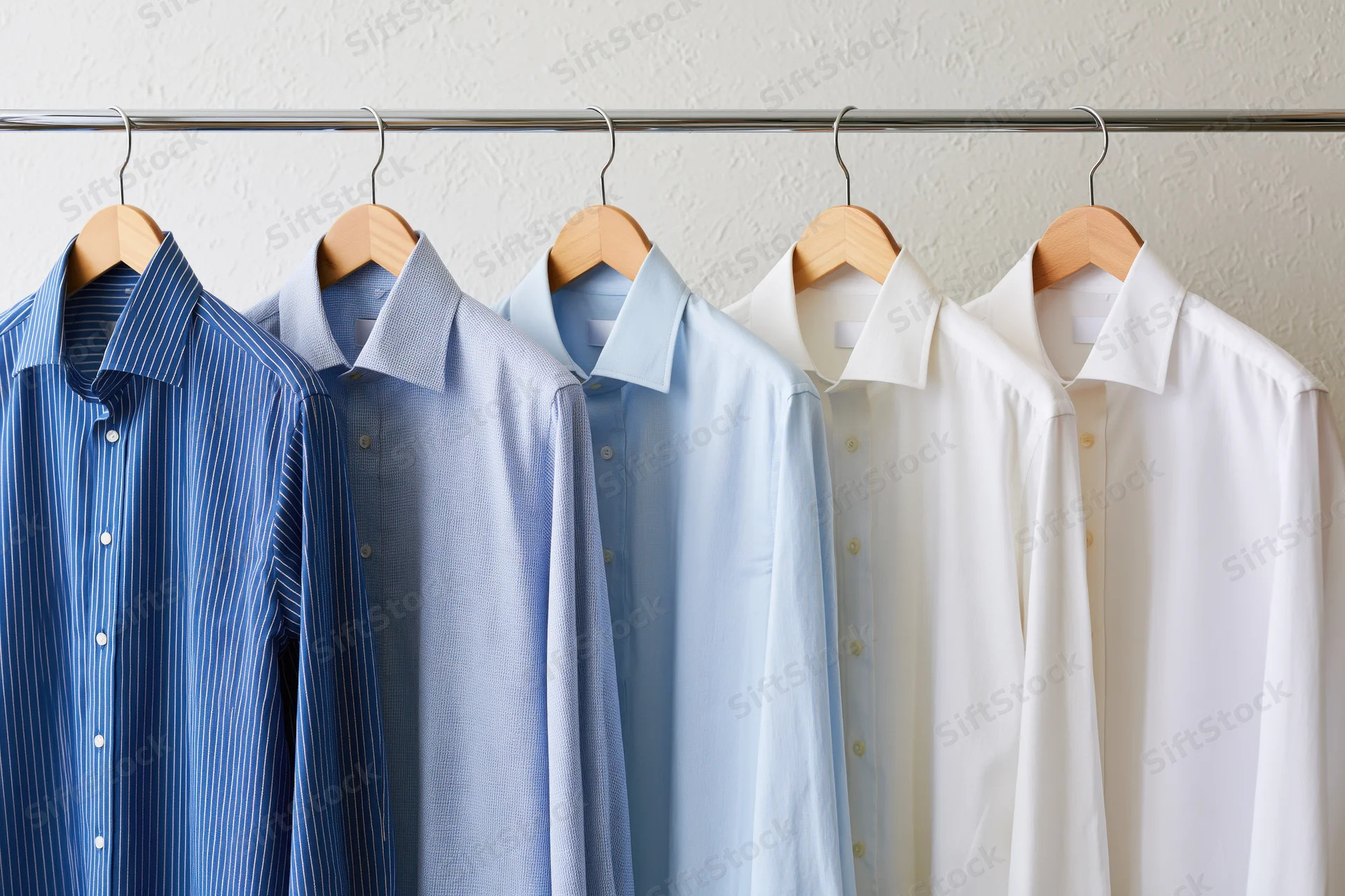 Six men's dress shirts in blue and white hanging on wooden hangers on a metal rack