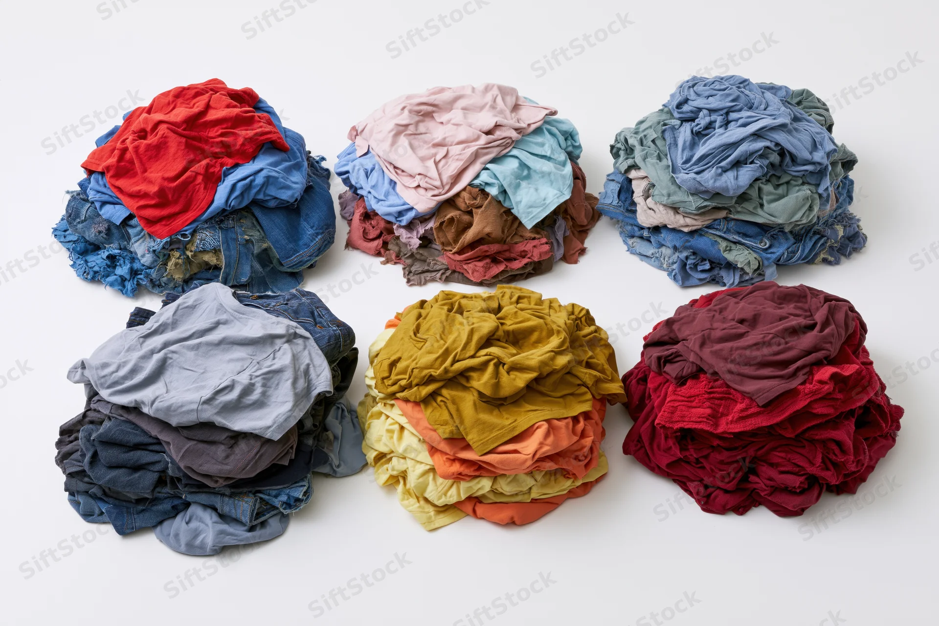 Six messy piles of mixed casual clothing heaped loosely on a white surface