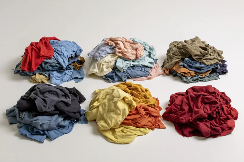 Six messy piles of mixed casual clothing heaped on a white surface