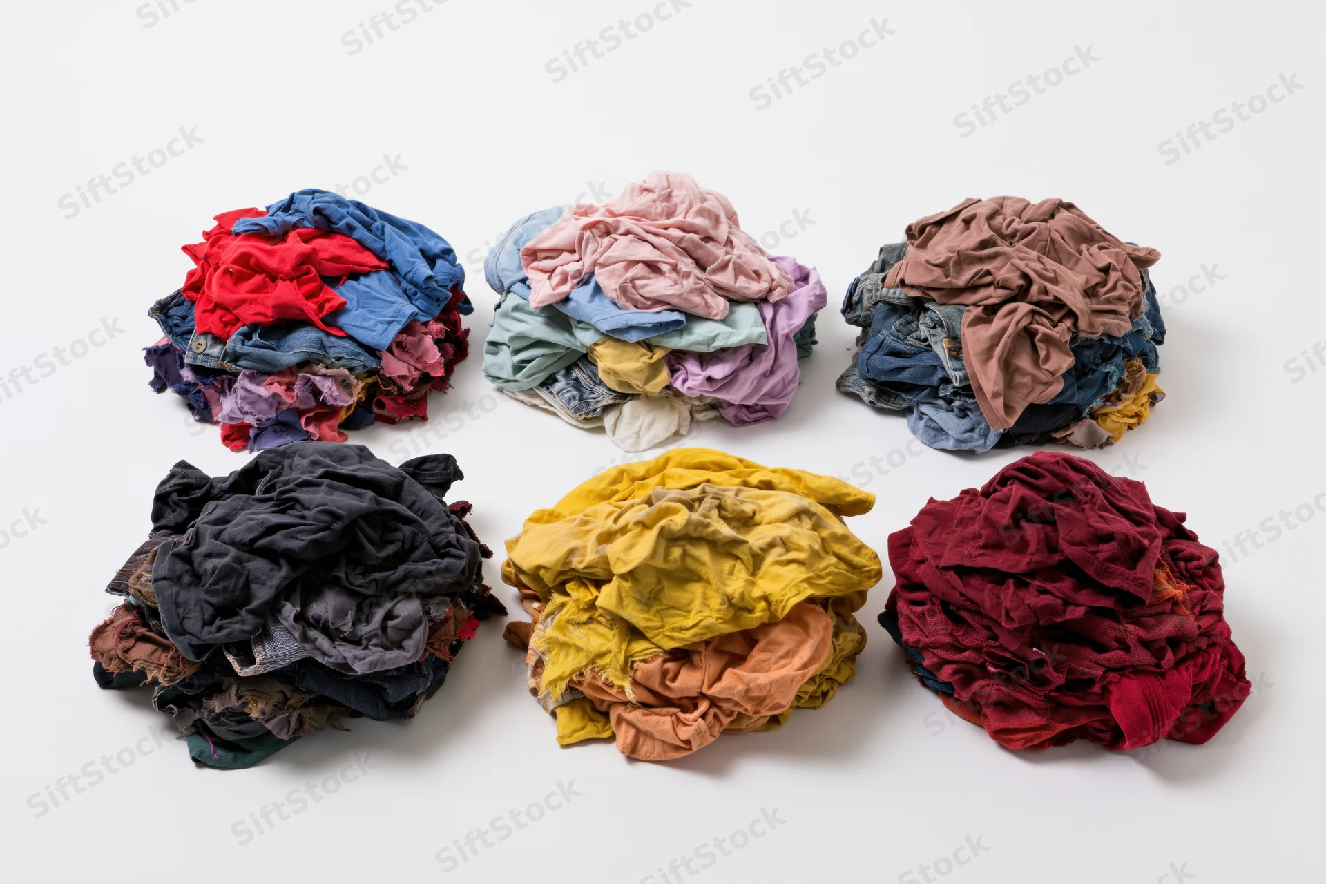 Six messy piles of mixed casual clothing heaped loosely on a white surface