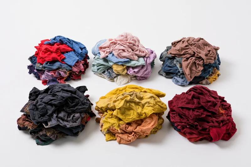 Six messy piles of mixed casual clothing heaped loosely on a white surface