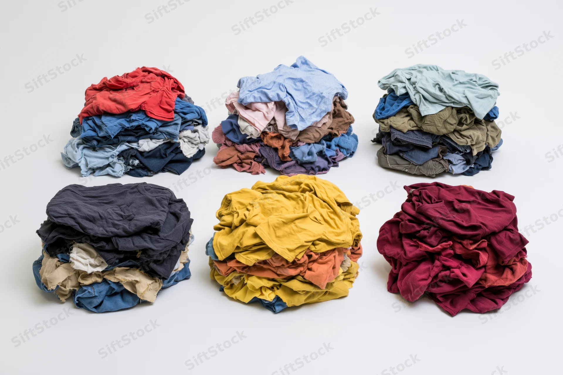 Six messy piles of mixed casual clothing heaped loosely on a white surface
