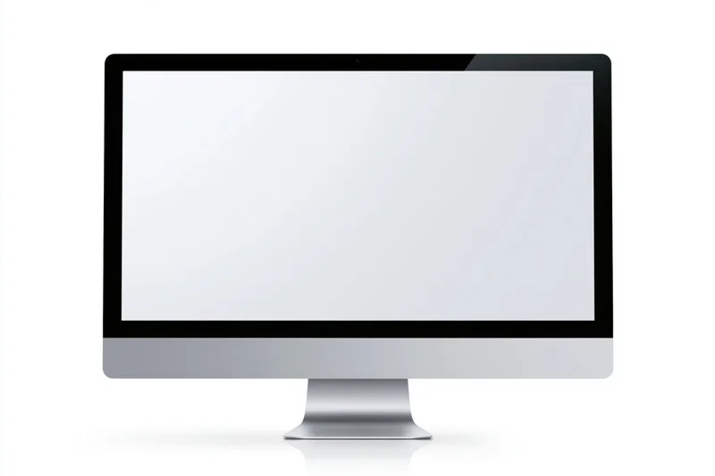 Slim all-in-one desktop computer monitor with blank white screen on white background