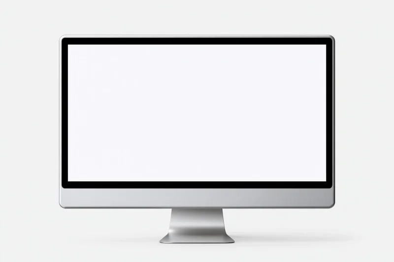 Slim all-in-one desktop computer monitor with blank white screen on plain background