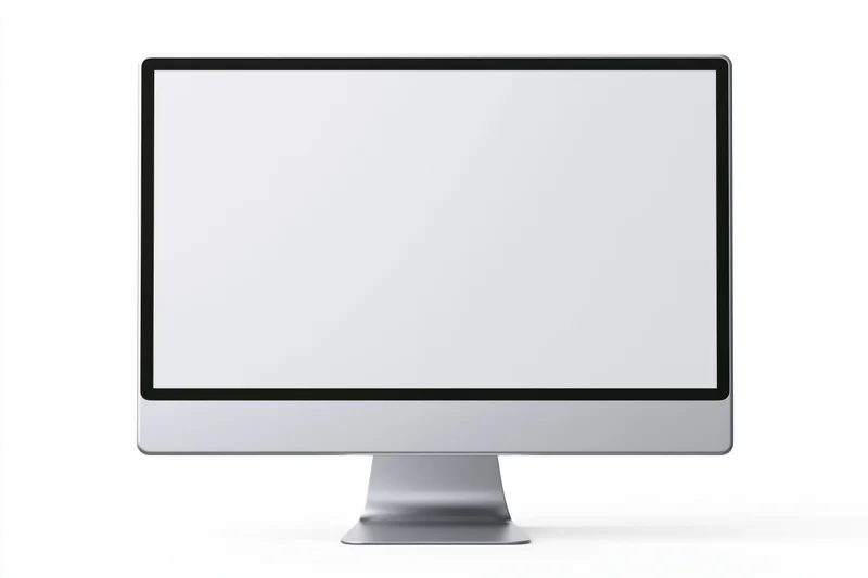 Slim all-in-one desktop computer monitor with blank white screen on white background