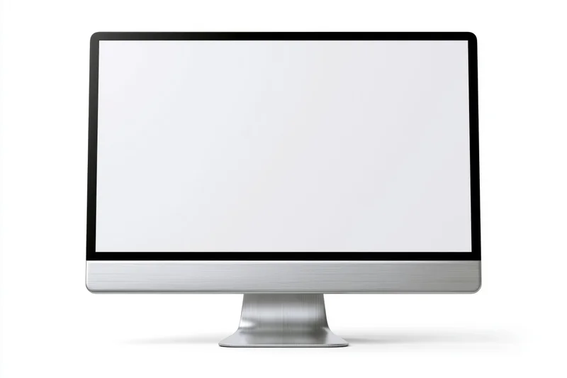 Slim all-in-one desktop computer monitor with blank white screen on white background