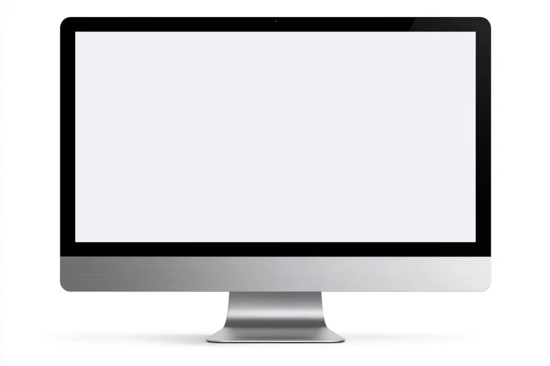 Slim all-in-one desktop computer monitor with blank white screen on white background