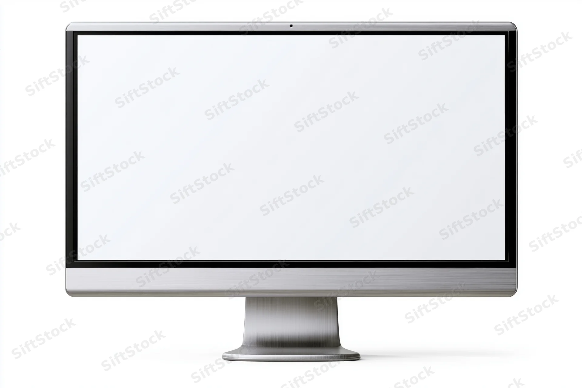 Slim all-in-one desktop computer monitor with blank white screen isolated on white background