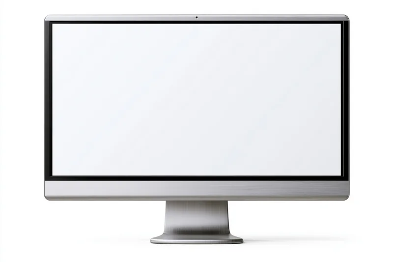 Slim all-in-one desktop computer monitor with blank white screen isolated on white background