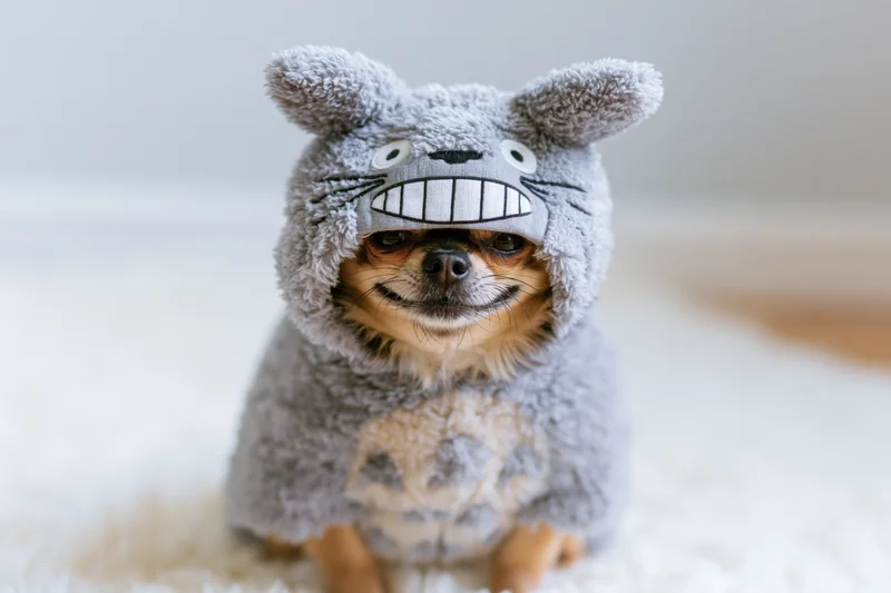 Small chihuahua dog sitting on white rug wearing gray fluffy totoro costume