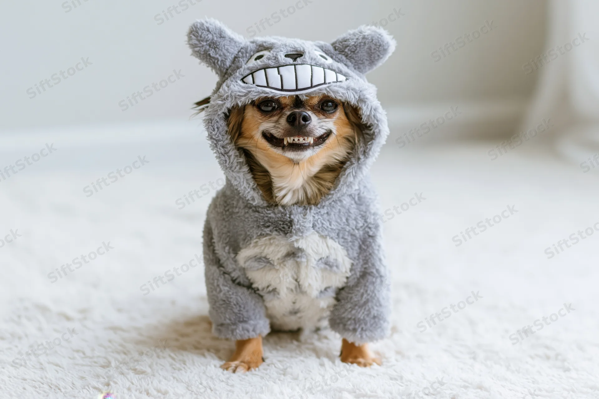 Small chihuahua dog wearing gray hooded costume with white teeth design sitting on white rug indoors