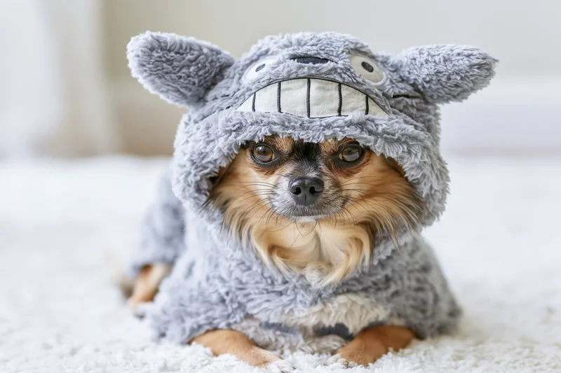 Small chihuahua dog lying on white rug wearing gray plush shark costume