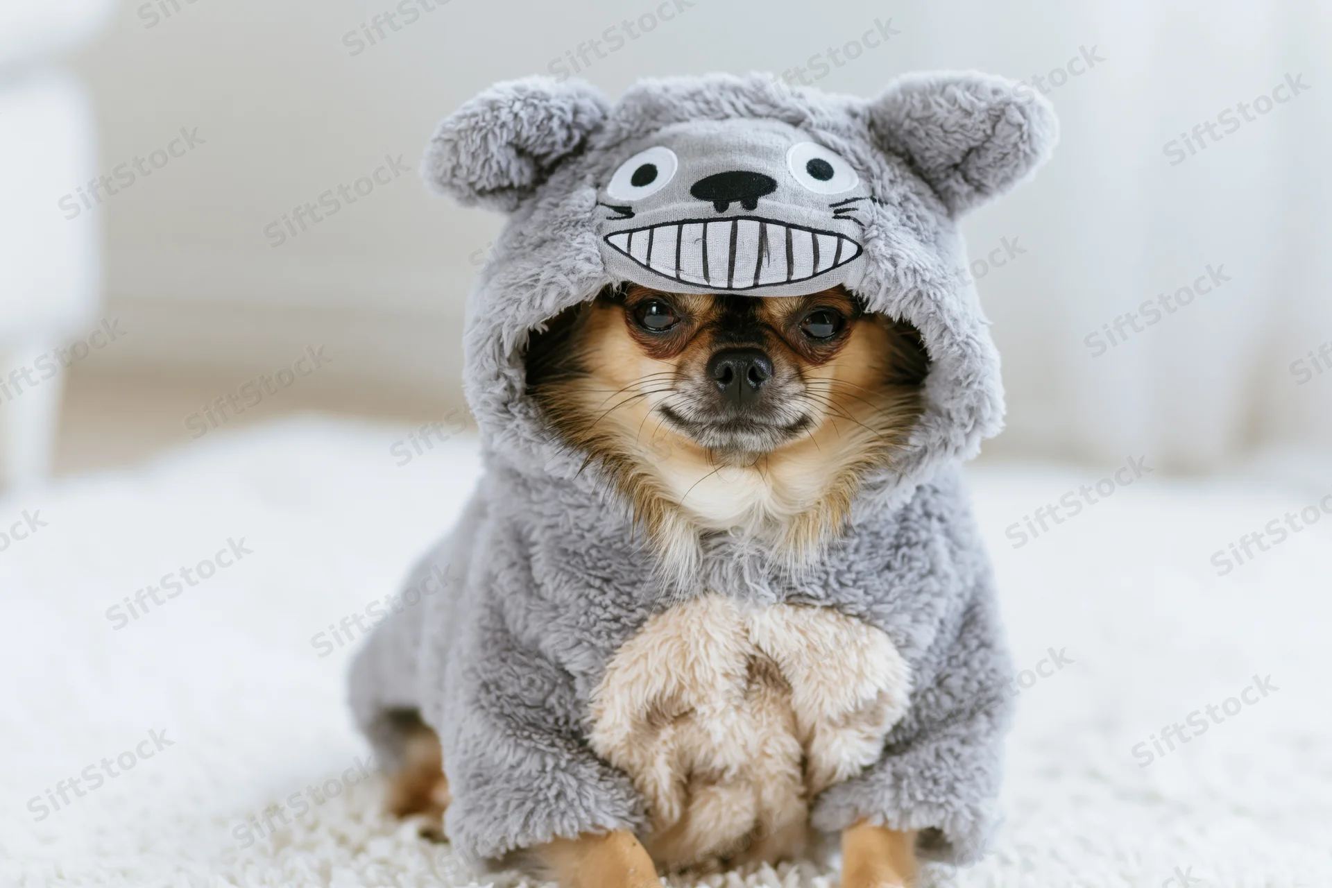 Small chihuahua dog sitting on white rug wearing gray fluffy animal costume with cartoon face