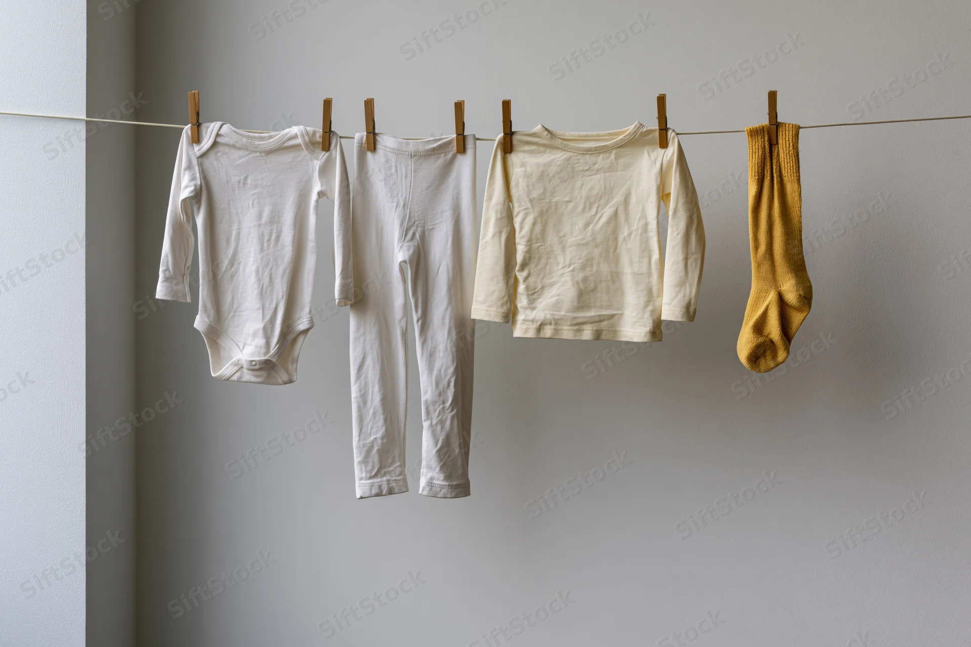 Baby clothes hanging on a clothesline indoors