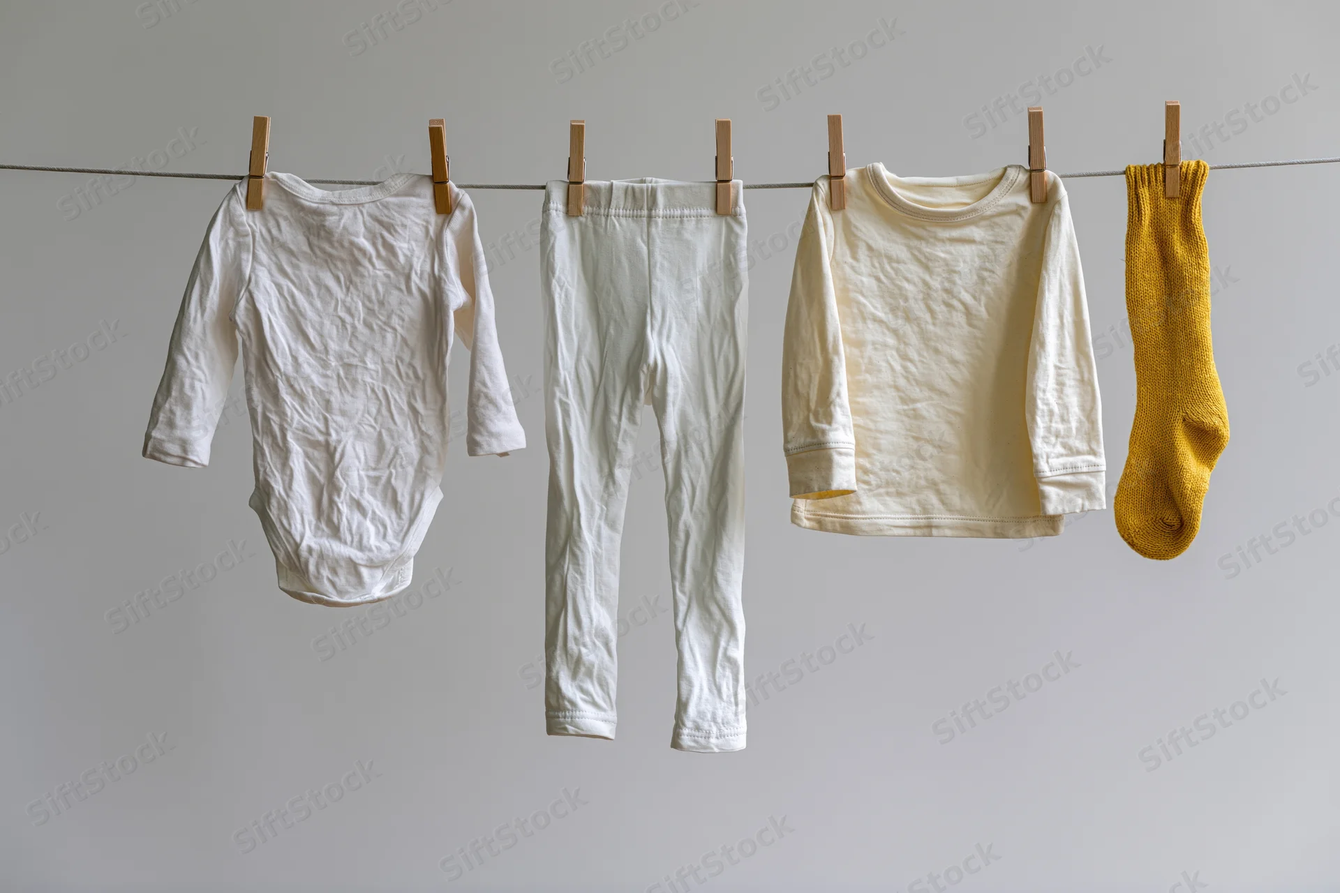 Baby clothes hanging on a clothesline with wooden pegs against a plain wall