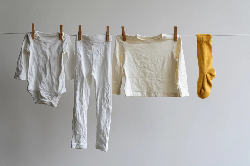 Baby clothes hanging on a clothesline against a white wall