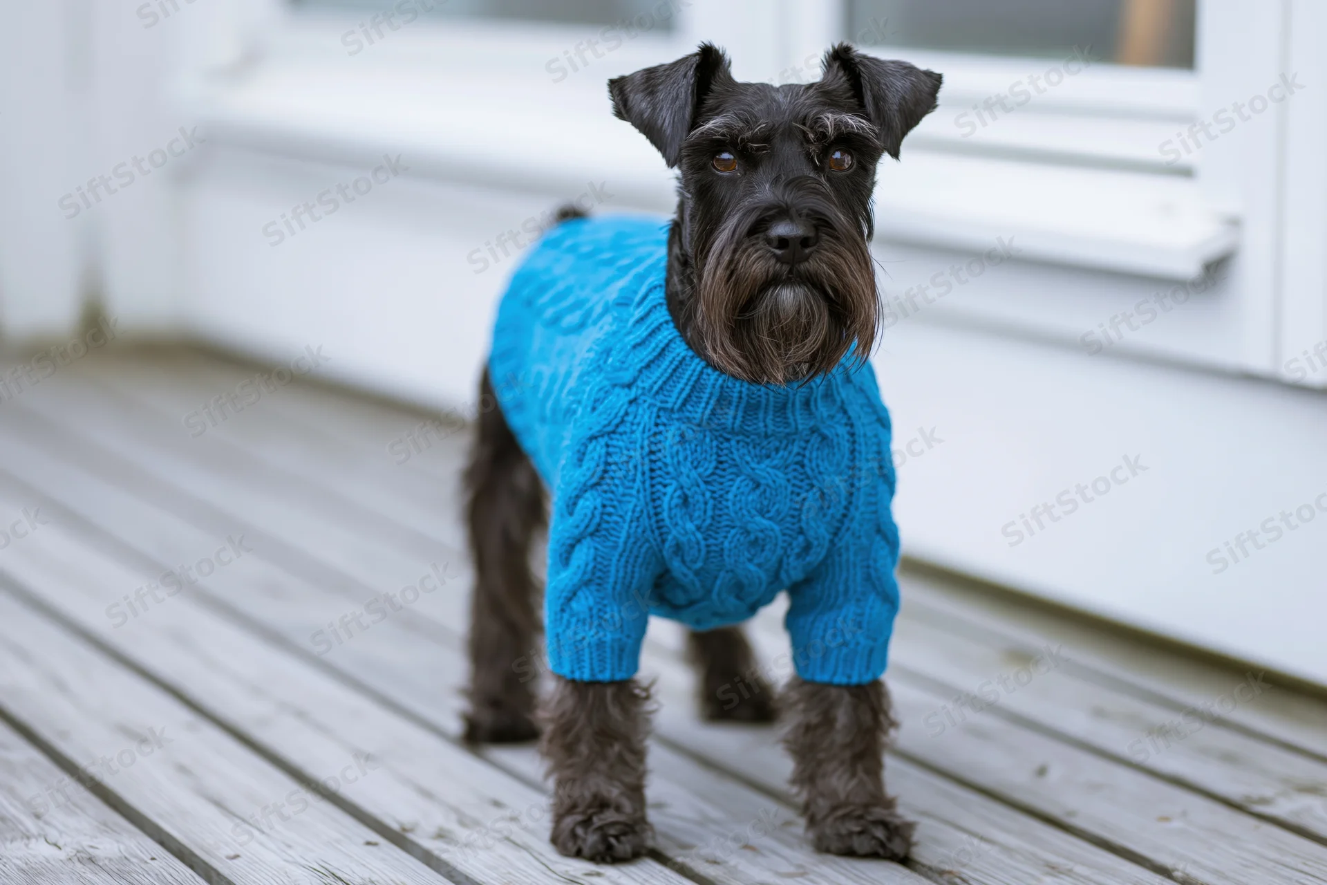 Small black schnauzer wearing blue knitted sweater standing alert on weathered grey wooden porch