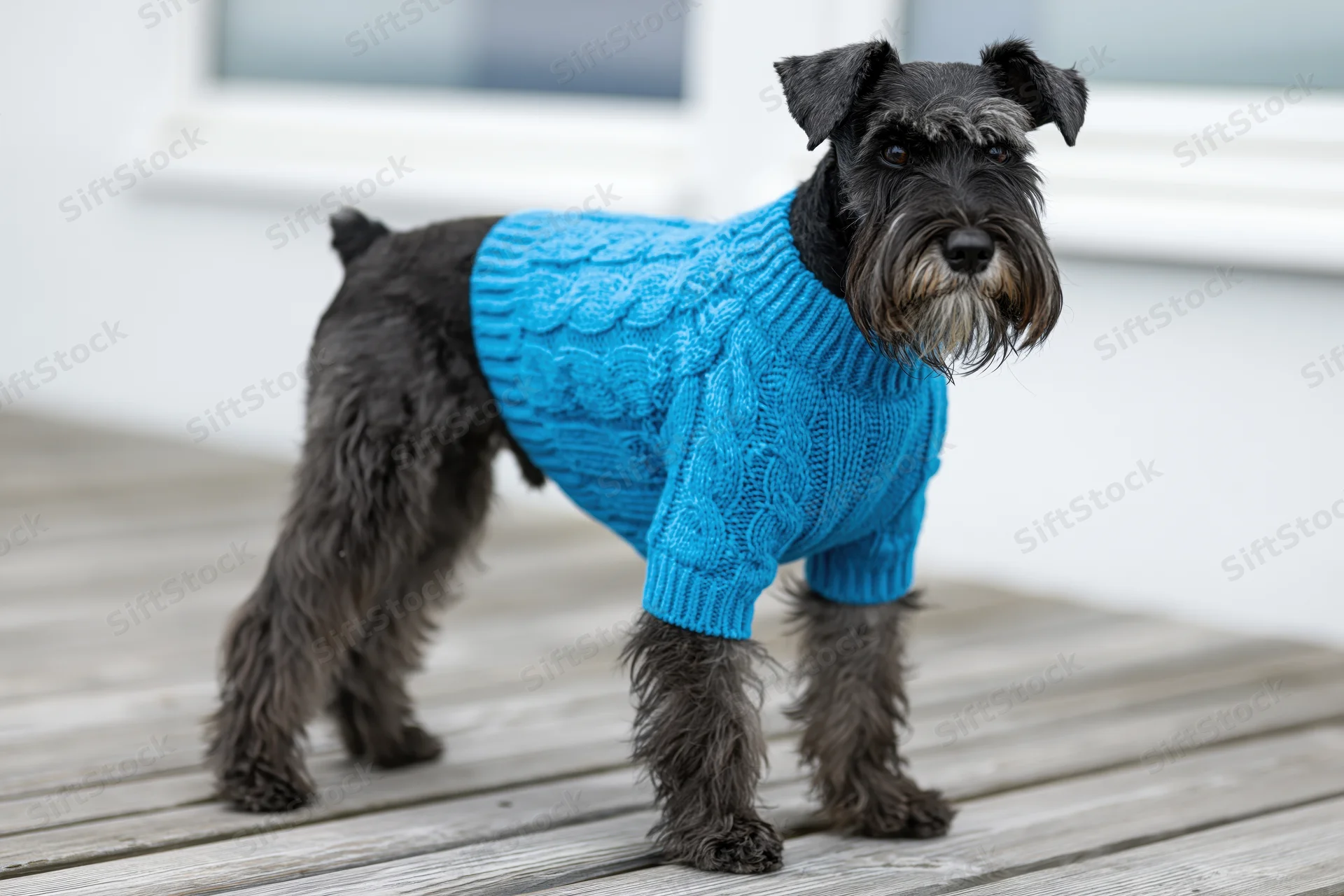 Small black schnauzer dog standing alert on weathered grey wooden deck wearing blue knitted sweater