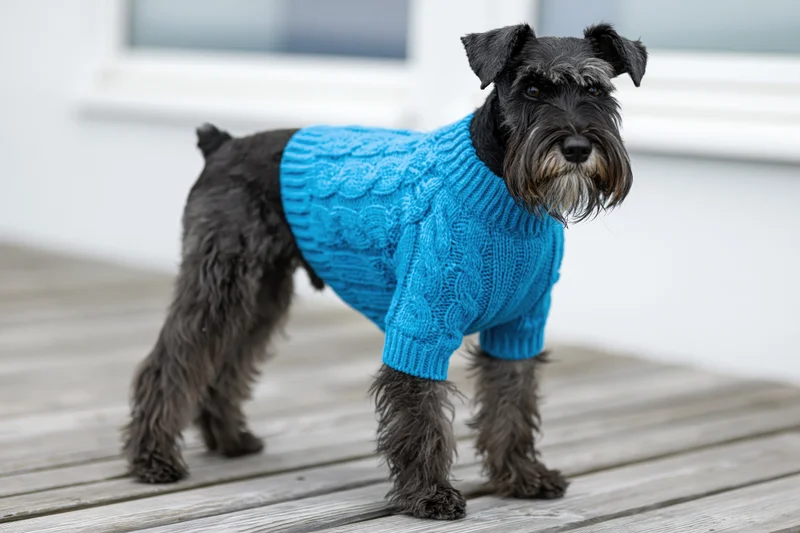 Small black schnauzer dog standing alert on weathered grey wooden deck wearing blue knitted sweater
