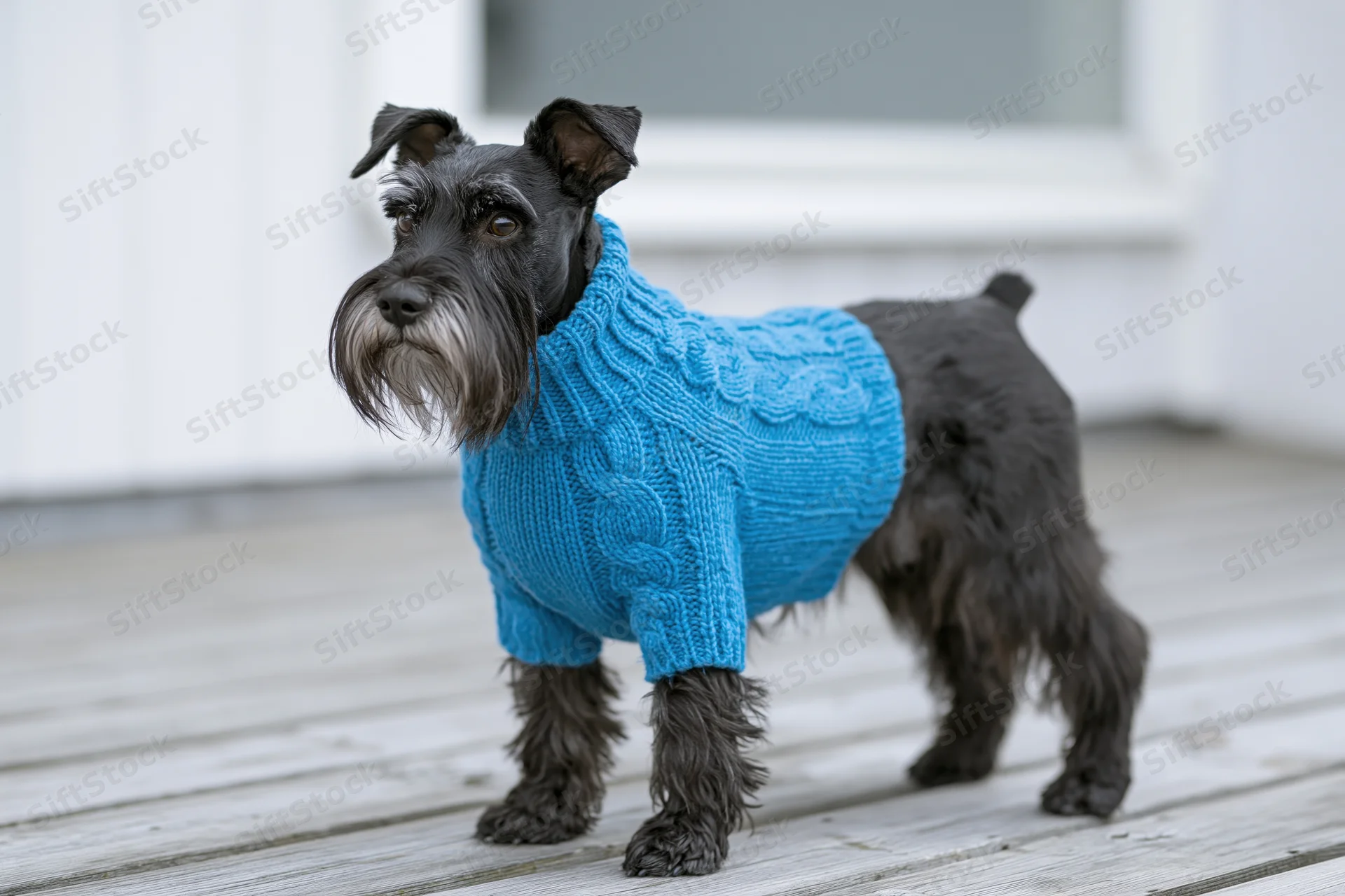 Small black schnauzer dog standing alert on weathered grey wooden deck wearing blue knitted sweater
