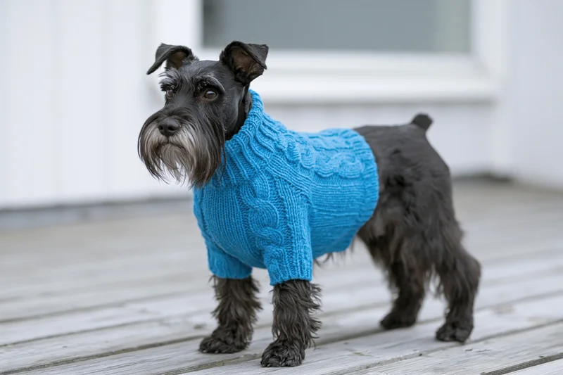 Small black schnauzer dog standing alert on weathered grey wooden deck wearing blue knitted sweater