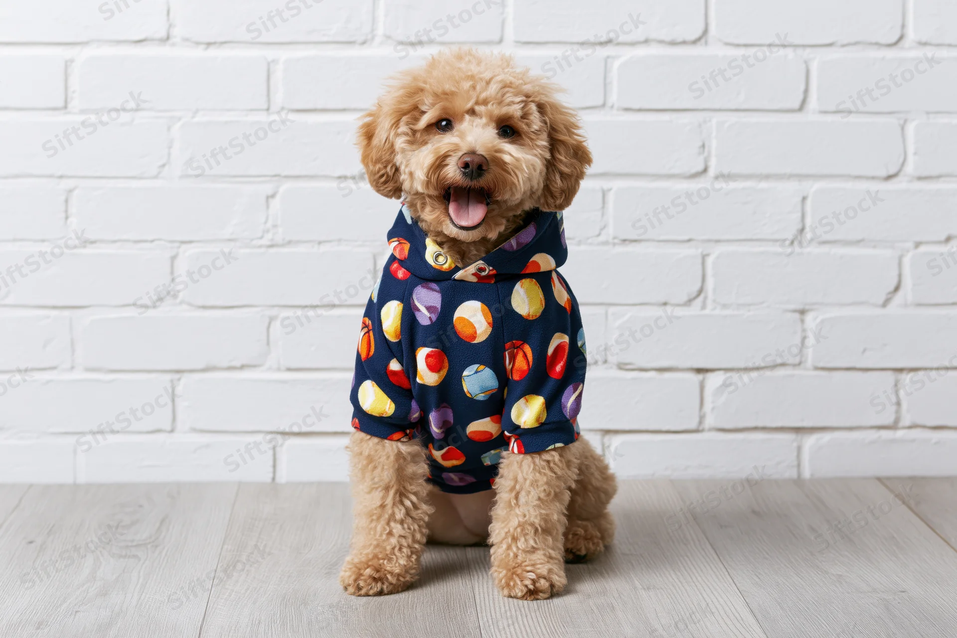 Small brown toy poodle with curly fur sitting upright wearing a navy hoodie with colorful polka dots against a white brick wall