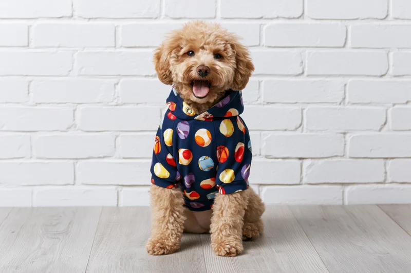 Small brown toy poodle with curly fur sitting upright wearing a navy hoodie with colorful polka dots against a white brick wall