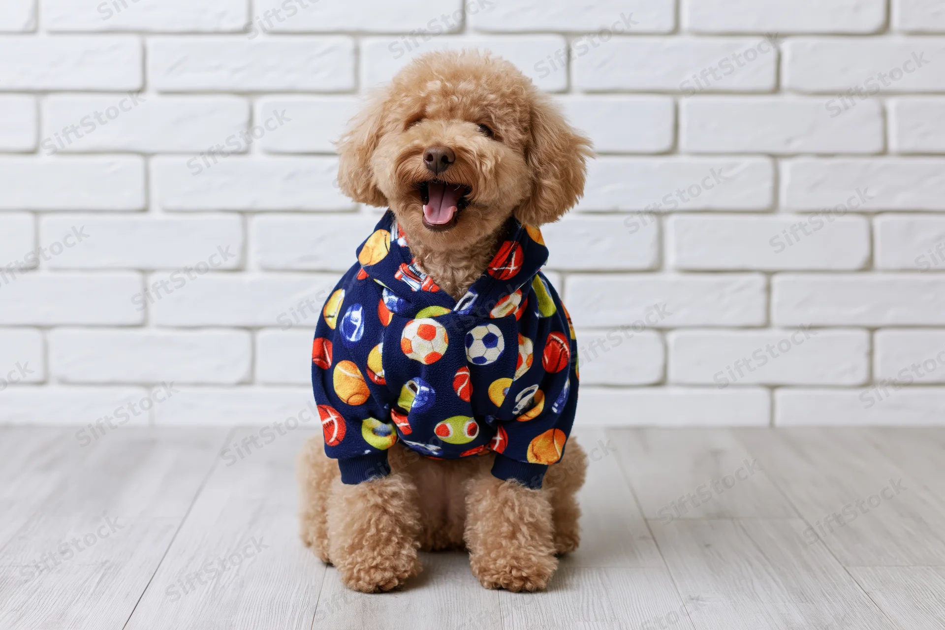 Small brown poodle sitting upright in a colorful sports-themed hoodie against a white brick wall