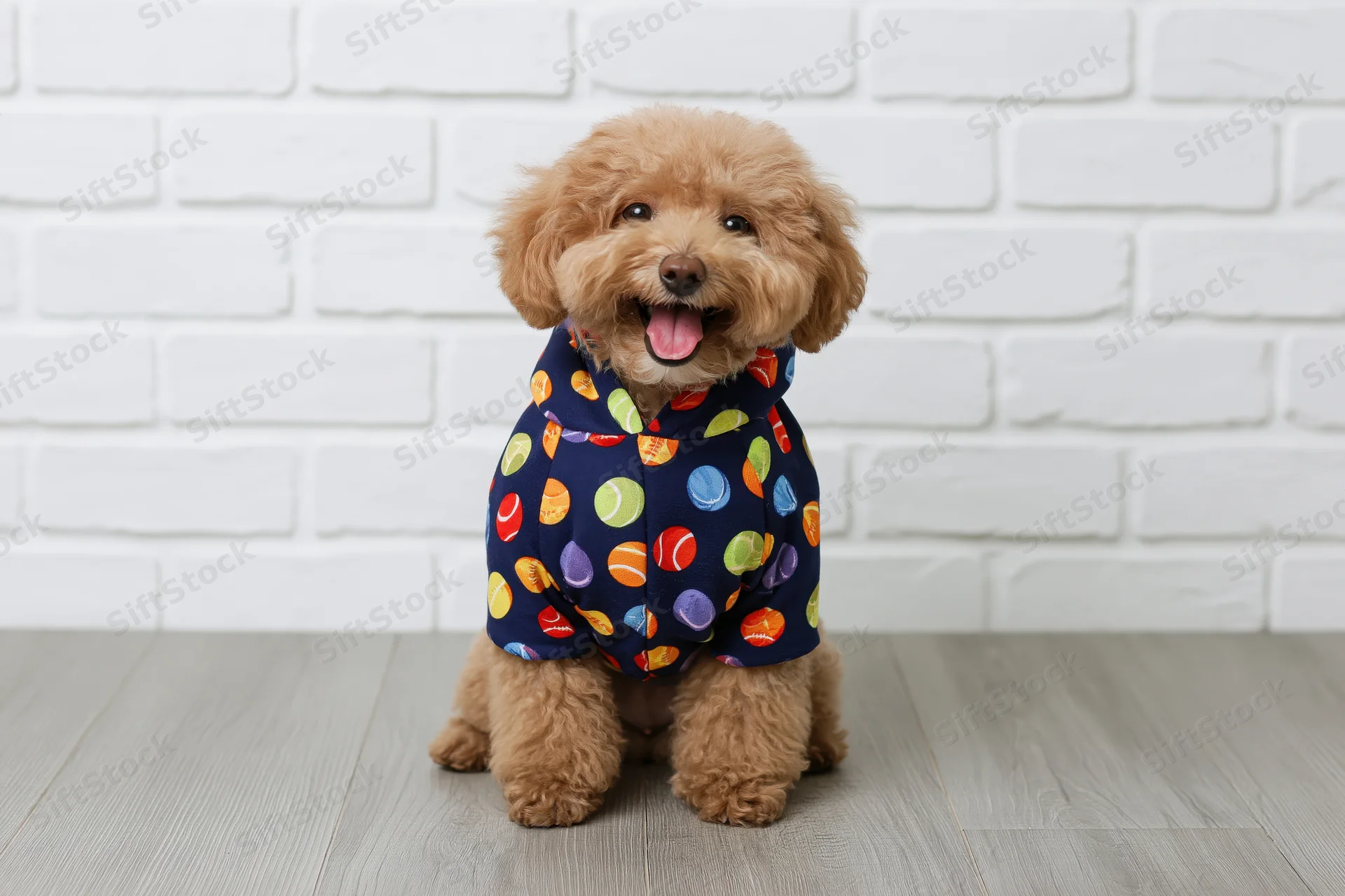 Small brown toy poodle with curly fur sitting upright wearing a colorful sports-themed hoodie against a white brick wall in a studio setting