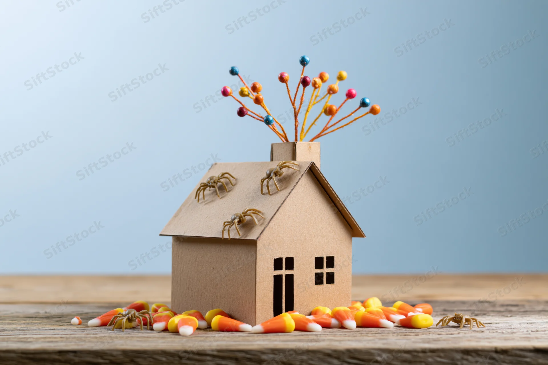 Miniature cardboard house decorated with candy corn and spiders on wooden surface