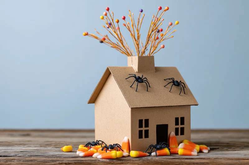 Cardboard miniature house decorated with spiders and candy corn on wooden surface