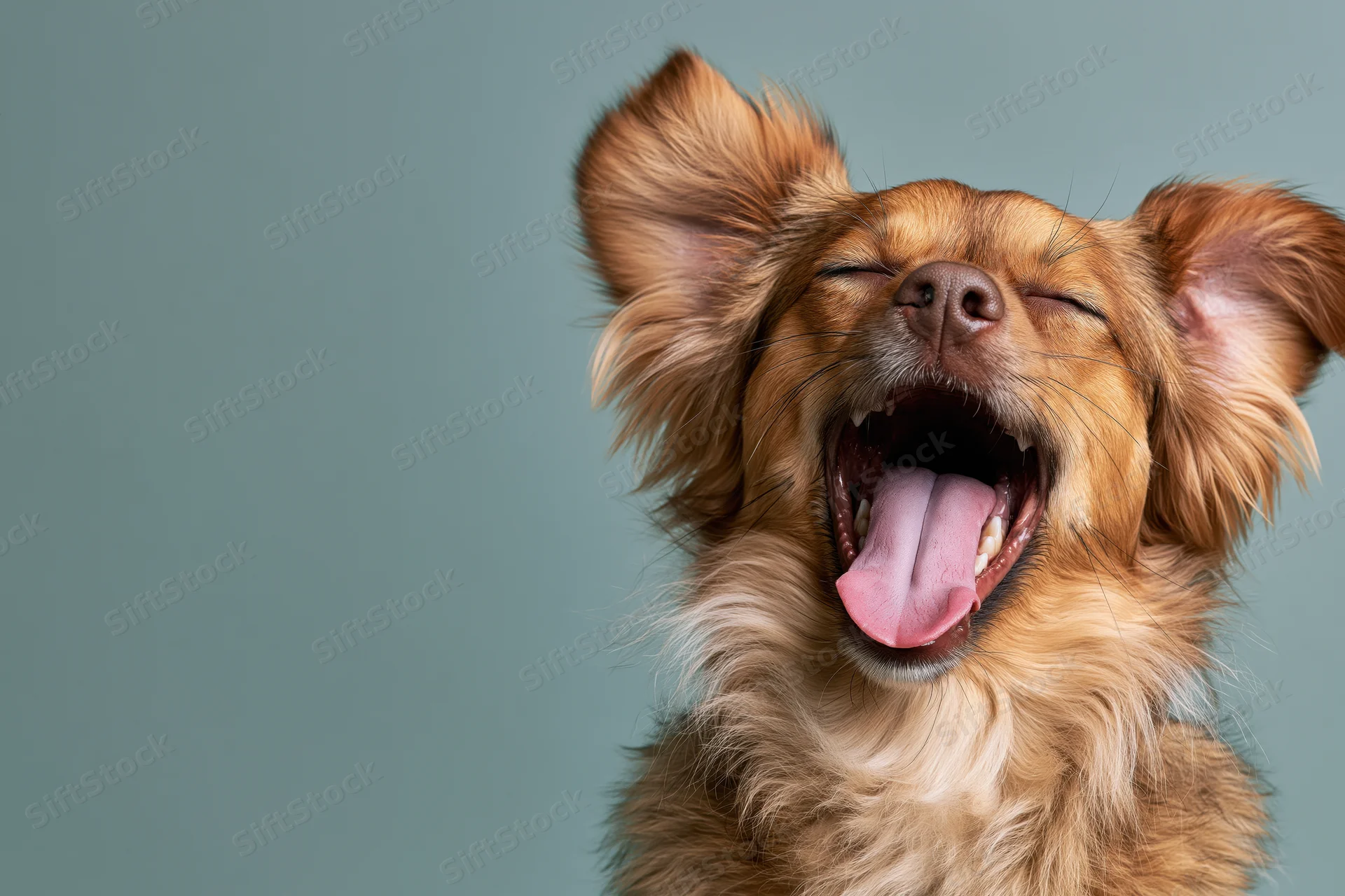 Small mixed-breed dog yawning with eyes squinted in studio portrait